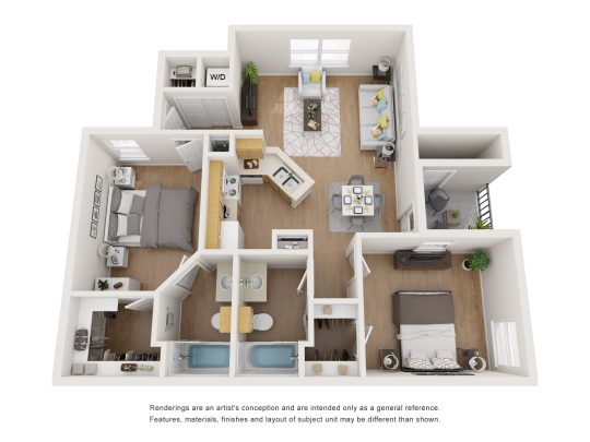 a 3d rendering of a two bedroom apartment at The West University Gardens