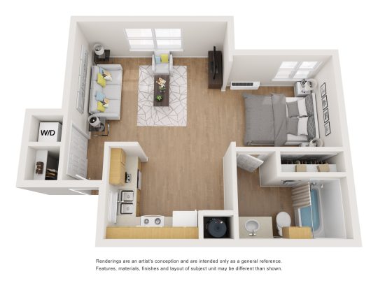 a 3d rendering of a studio apartment at The West University Gardens