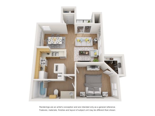 a 3d rendering of a two bedroom apartment at The West University Gardens