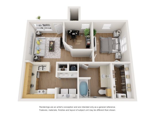a 3d rendering of a two bedroom apartment at The West University Gardens